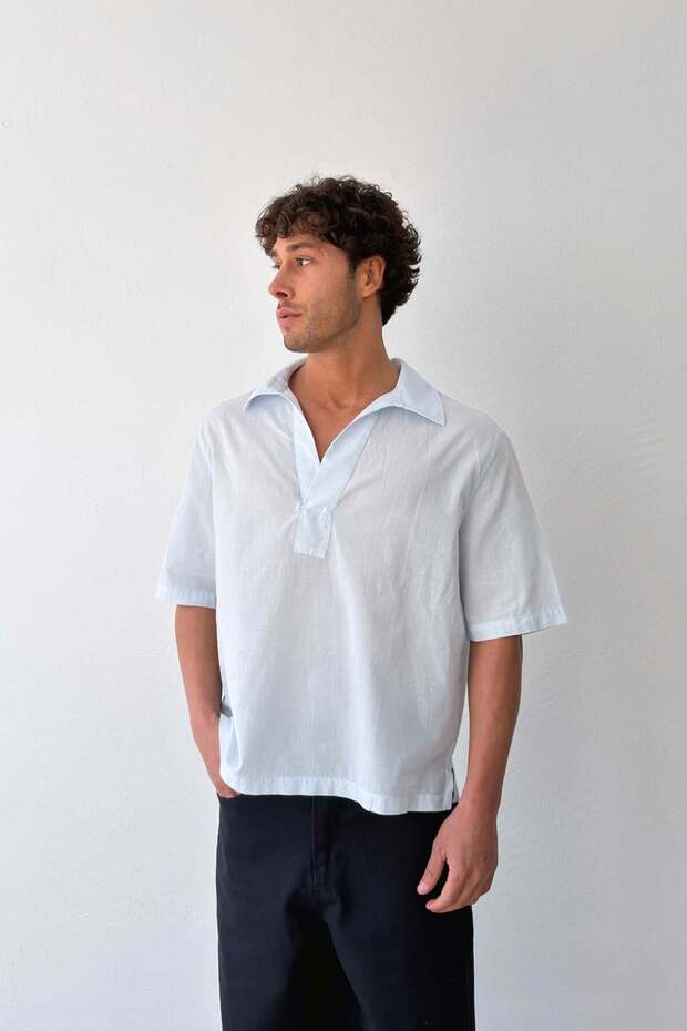 V-Neck Blue Linen Shirt