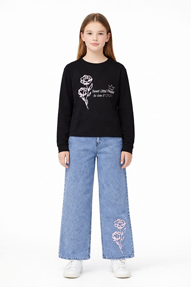 Black Rose Embroidered Badili Jeans Pants Girls' 2-Piece Set 23748