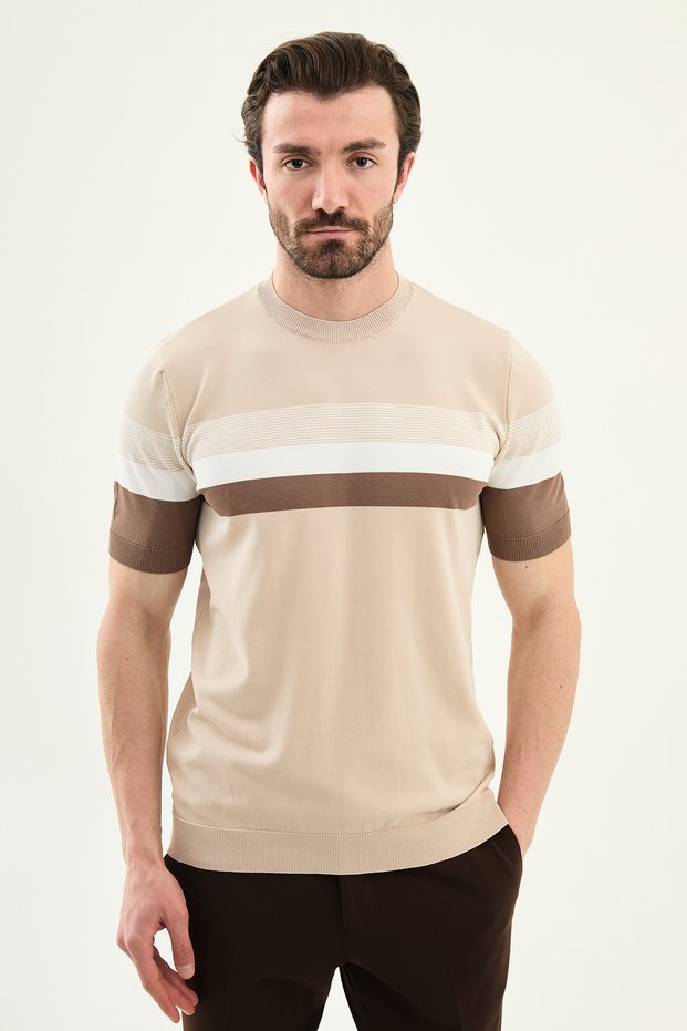 Striped Slim Fit Crew Neck Men's Knitwear T-Shirt Beige - 11589.26Y