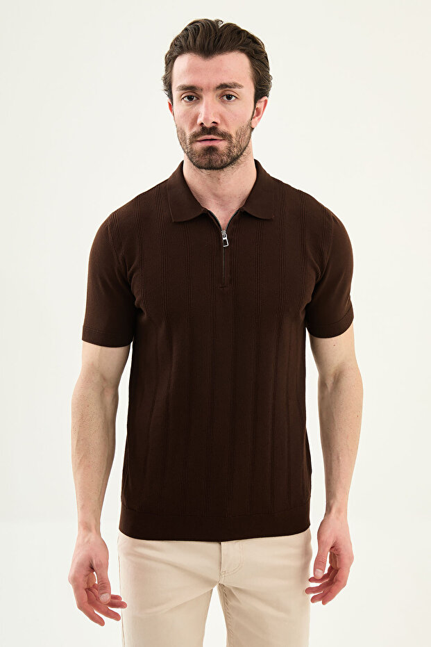 Patterned Slim Fit Polo Collar Zippered Men's Knitwear T-Shirt Brown - 11585.26Y