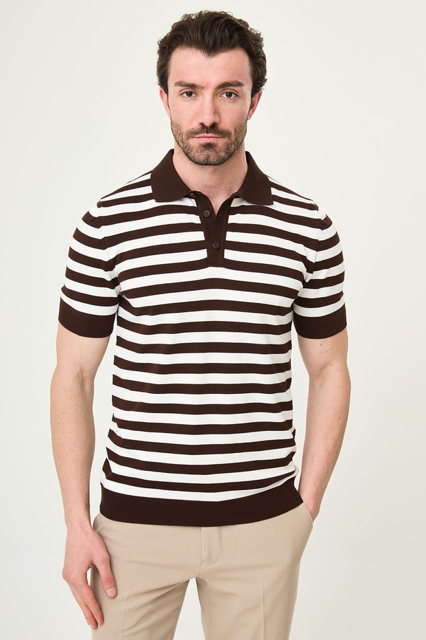 Striped Slim Fit Polo Collar Men's Knitwear T-Shirt Brown - 11582.26Y
