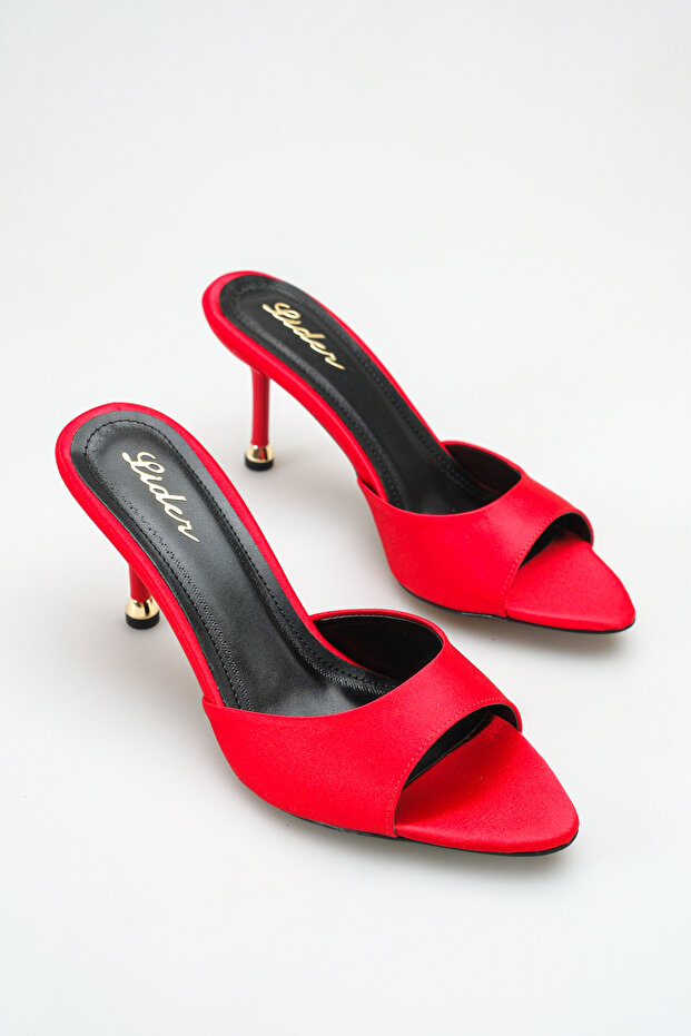 Women's Red Satin Gold Detailed Thin Heeled Open Toe Slippers
