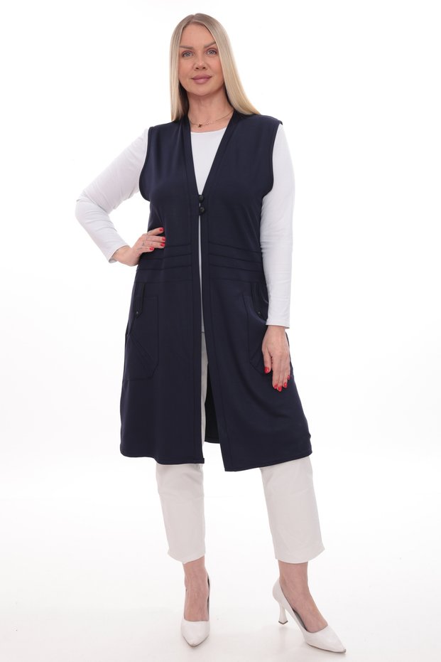 Women's Long Pocketed Vest with Buttons Seasonal Crystal Mother Viscose Hijab Tunic
