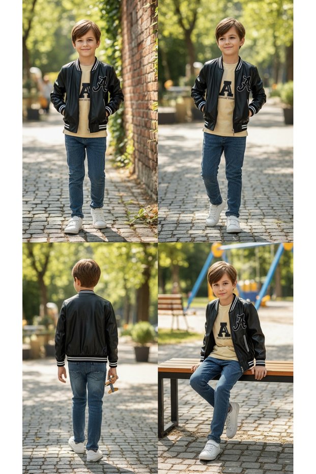Cmk 70535 Boy's Leather Jacket T-Shirt Pants Elastic Waist 3-Piece Set 5-6-7-8-9-10-11-12 Years Old