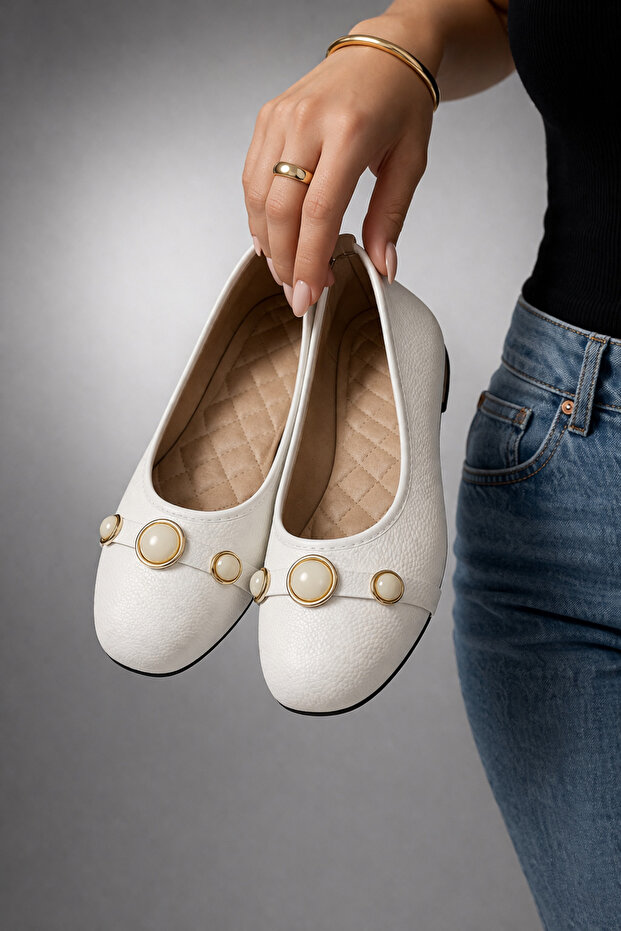 Mono Women's Ballet Flats with Pearl Buckle – Stylish for Daily Use, Comfortable Soft Sole
