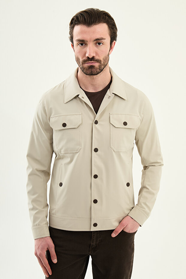 Straight Slim Fit Shirt Collar Side Pocket Men's Coat Stone - 39664.26Y