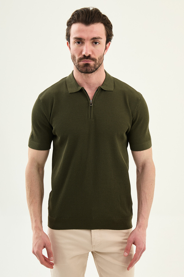 Plain Slim Fit Polo Collar Zippered Men's Knitwear T-Shirt Khaki - 11594.26Y