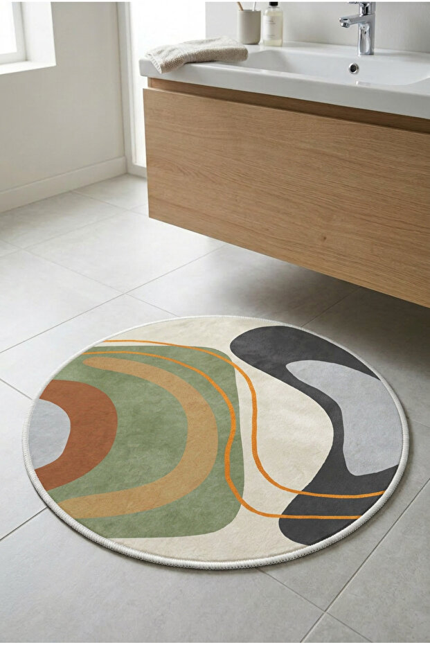Round Multi-Purpose Bathroom Mat Non-Slip Base Foot Mat 50X50 Modern Patterned Soft Base