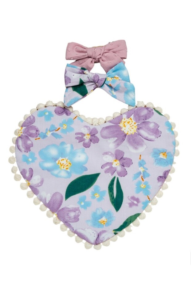 - Amara Heart Shaped Baby Bib and Ribbon Bow Headband Set - Floral Purple- 0Y to 4Y