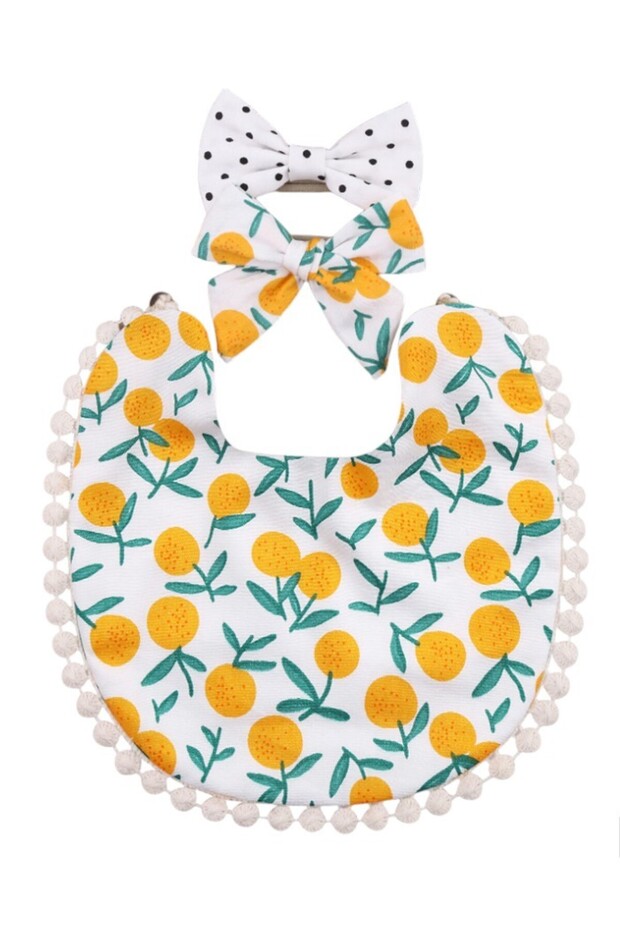 - Isabella Ribbon Headband and Baby Bib for Babies - Fruits Print White- 0Y to 4Y