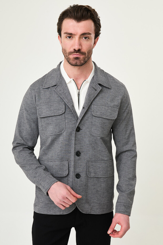 Gray Slim Fit Pocket Lapel Men's Trenchcoat Black - 21338.26Y