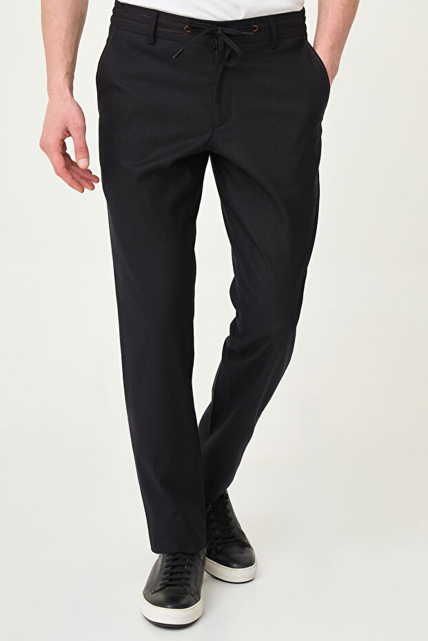 Straight Slim Fit Men's Trousers with Drawstring and Stitching Detail Black - 38348.26Y