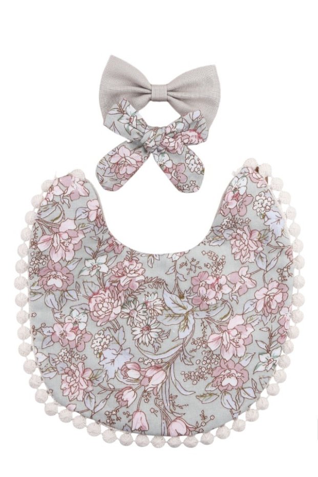 -Angelica Baby Bib and Headband - Floral Grey- 0Y to 4Y