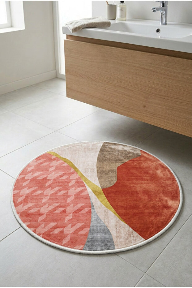 Round Multi-Purpose Bathroom Mat Non-Slip Base Foot Mat 50X50 Modern Patterned Soft Base