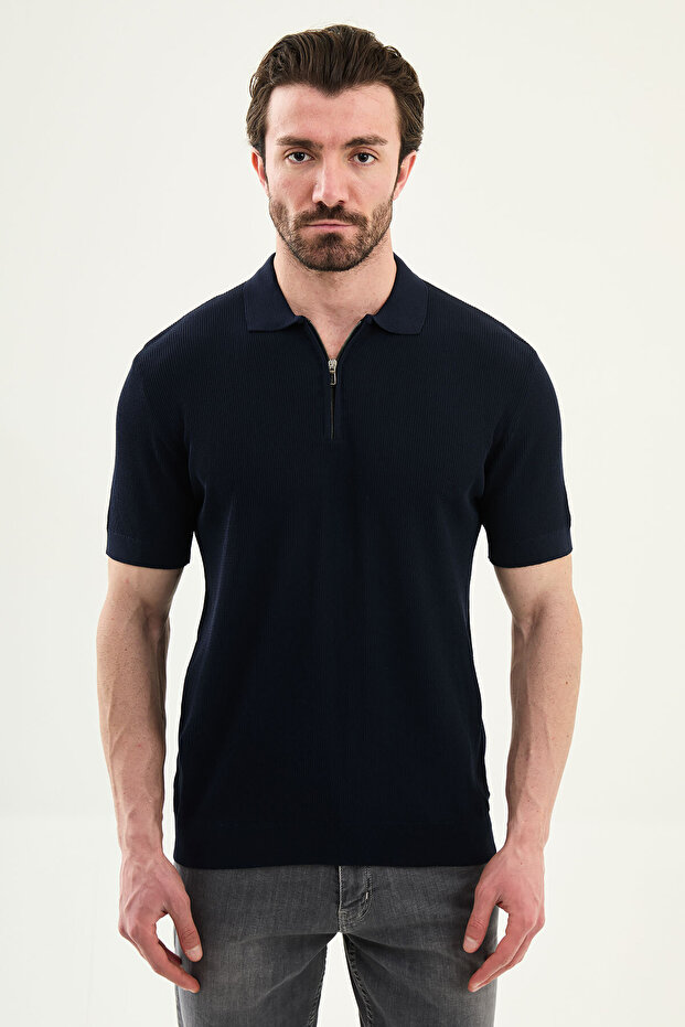 Plain Slim Fit Polo Collar Zippered Men's Knitwear T-Shirt Navy Blue - 11594.26Y