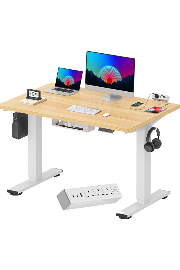 FLEXISPOT EN2 cm Electric Sit Stand Desk with Cable Management - White Frame and Maple Top