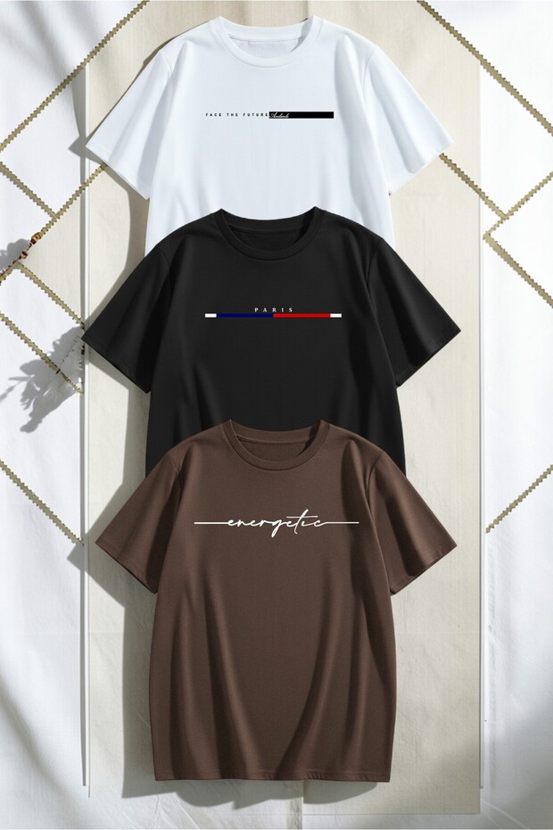 Unisex White Black Brown 3-Piece Design T-Shirt Set