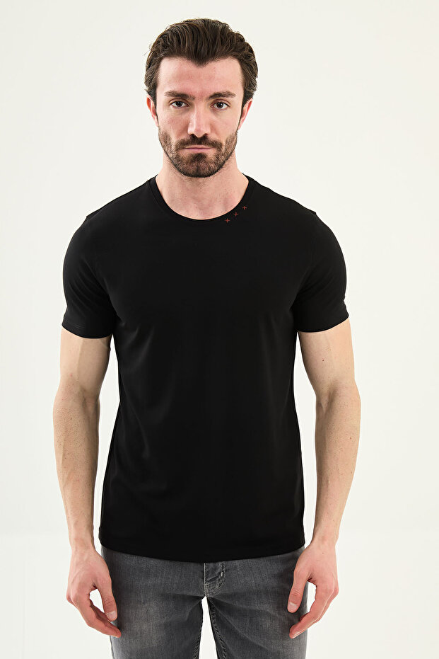 Plain Slim Fit Collar Detailed Crew Neck Men's T-Shirt Black - 36874.26Y