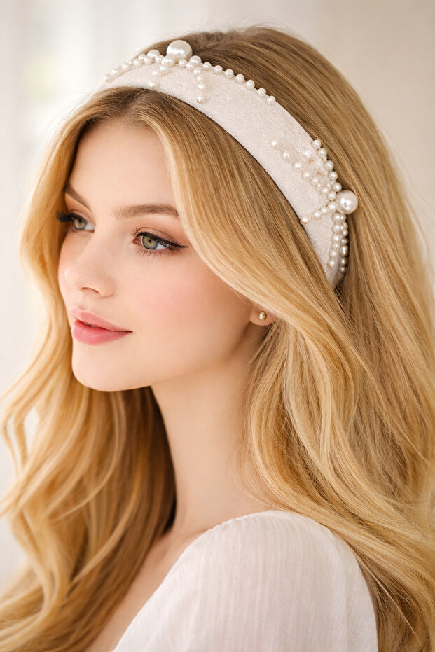 Pearl Detailed Curved Model Cream Color Women's Crown
