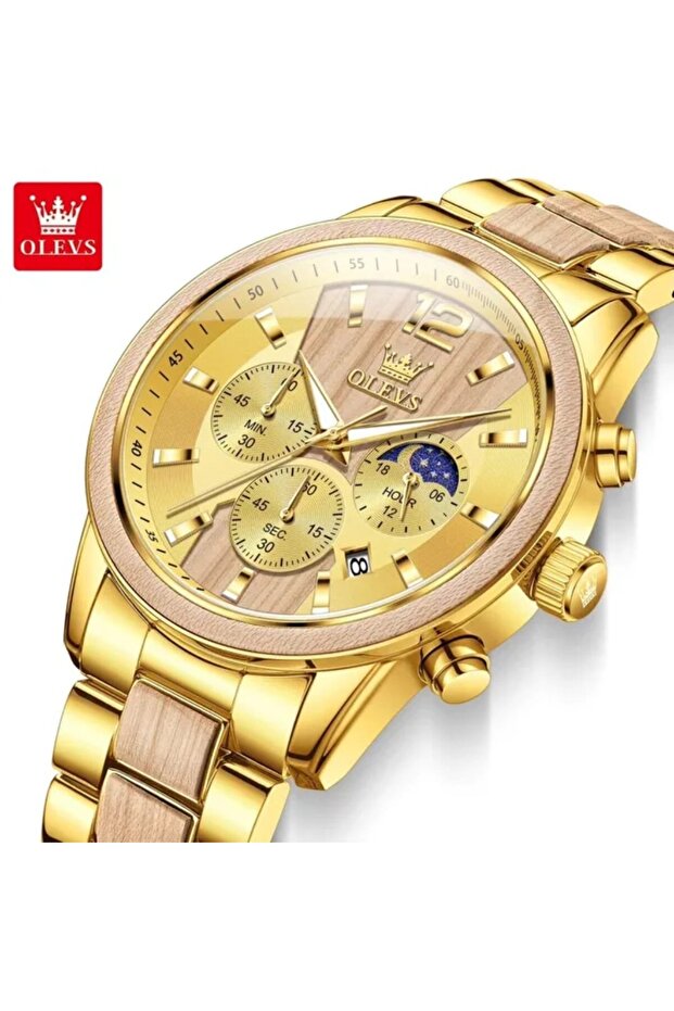 Gold Men’s Chronograph Quartz Watch with Wooden Center & Moon Phase