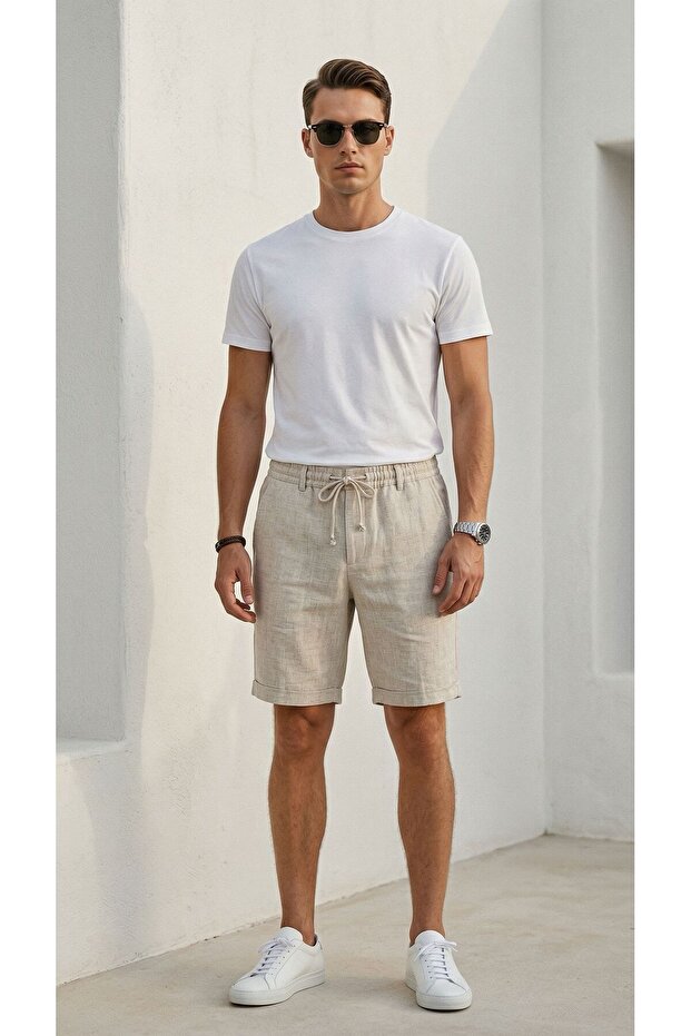 Men's Linen Shorts with Elastic Waist and Drawstrings, Summer Comfortable Cut, Daily Casual Bermuda Shorts