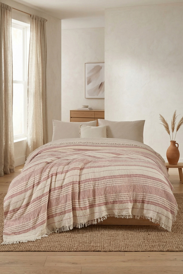غطاء سرير مزدوج من الموسلين مقاس 220x230 سم، 100% قطن، 4 طبقات، مخطط، غطاء أريكة متعدد الأغراض