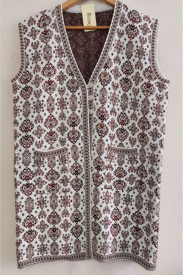 Women's Plus Size Wide Fit Black Color Kilim Pattern Front Buttoned Long Thick Knitwear Tunic Vest