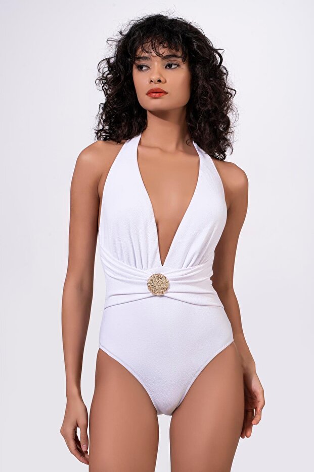 Women's Textured Fabric V-Cut White Swimsuit with Accessories