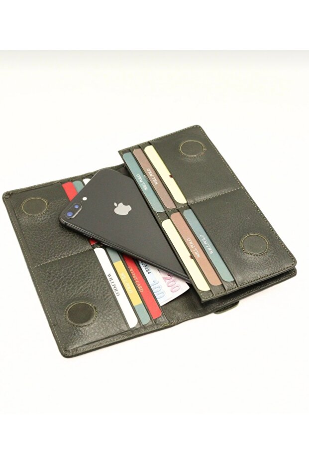 Genuine Leather Willpolo Long Portfolio Wallet with Magnet, Phone Compartment, and Hand Strap