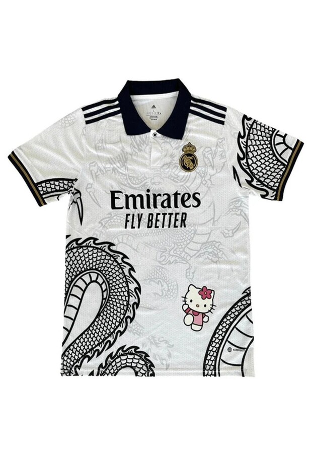 Minga London Beyaz Kitty FORMA Madrid Dragon Jersey Beyaz Düğmeli Yaka T-shirt-Minga London