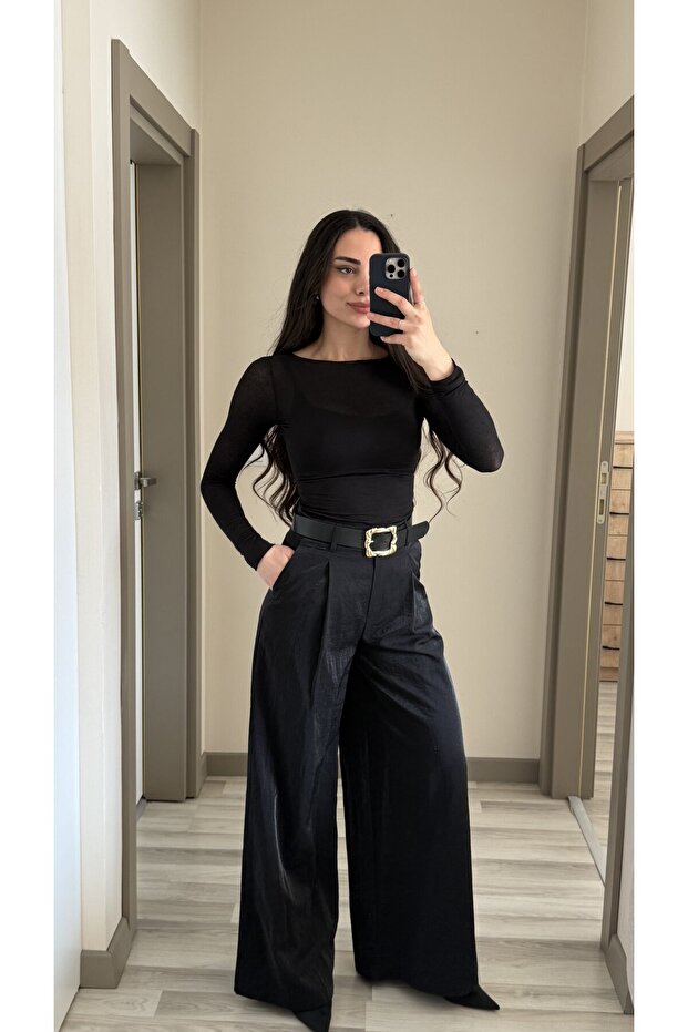 Women's Belted Satin Wide Leg Pants