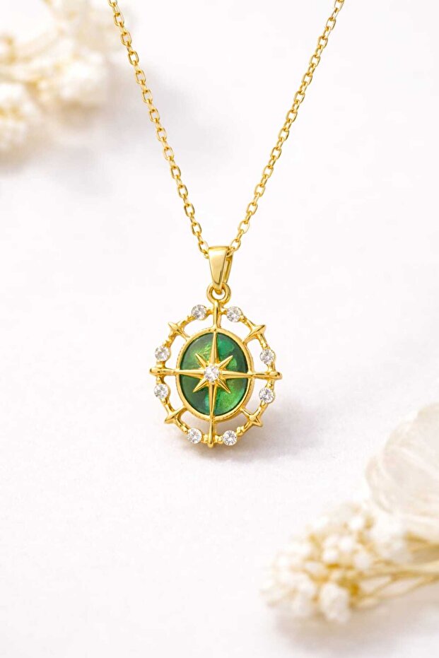 Vintage Compass Pearlescent Necklace Gold Steel Plated Minimal