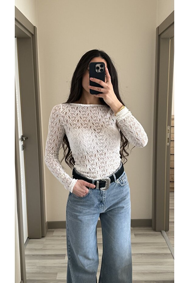 Women's Boat Neck Transparent Lace Blouse