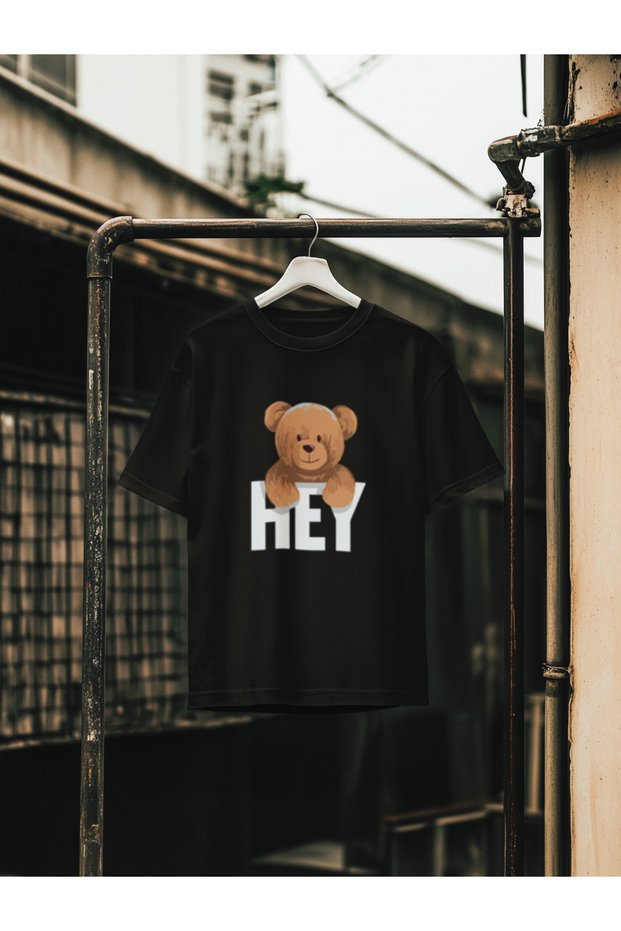 Hey Bear Printed Crew Neck Cotton Oversize Fit Unisex Short Sleeve Tshirt