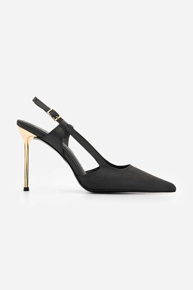 Women's Stiletto Open Back and Side Gold Painted Heeled Thin Heeled Shoes Rigen Black Satin