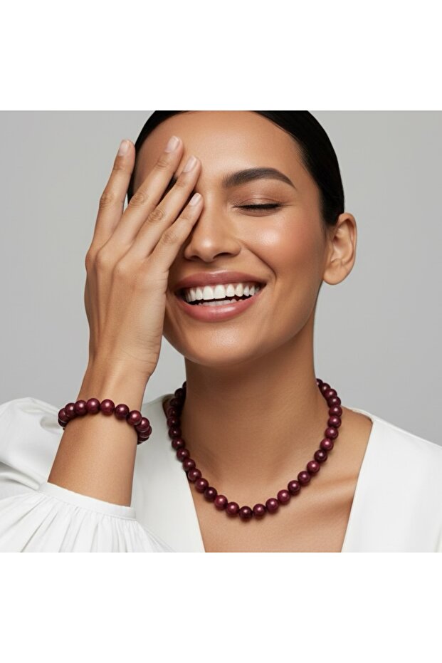 Burgundy Round Beaded Multi Choker Necklace Flexible Bracelet Set