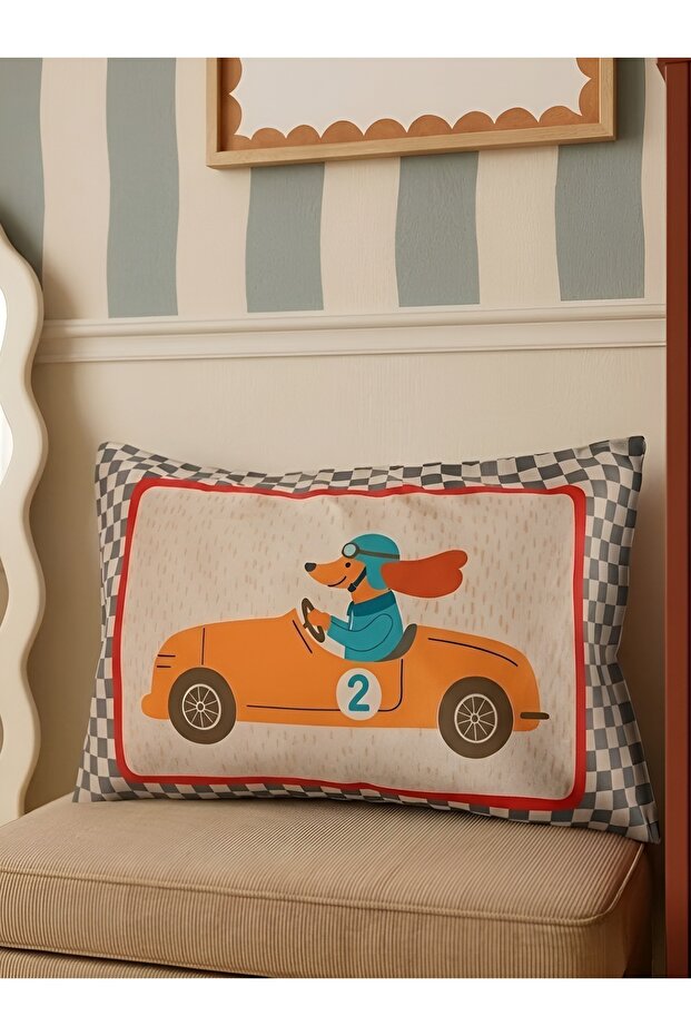 Car Patterned Double-Sided Children's Room Checkered Suede Throw Pillow Cover - 30X50Cm - Throw Pillow Cover