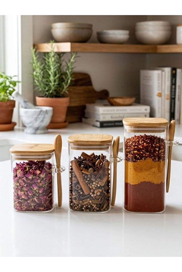 3-Piece Glass Spice Jar Set with Bamboo Lid and Spoon 650 ml – 770 ml – 960 ml Vacuum Storage Jar