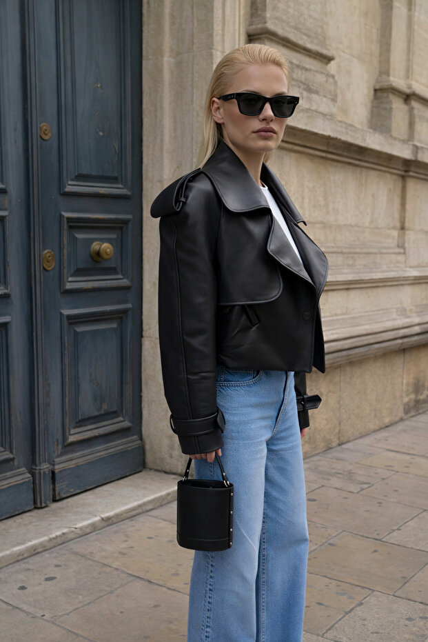 Women's Black Padded Leather Jacket with Detailed Design