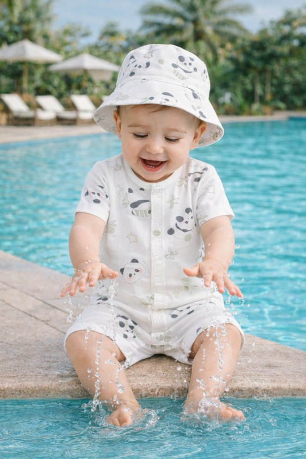 100% Cotton Short Sleeve Panda Patterned Unisex Baby & Kids Summer Jumpsuit with Hat