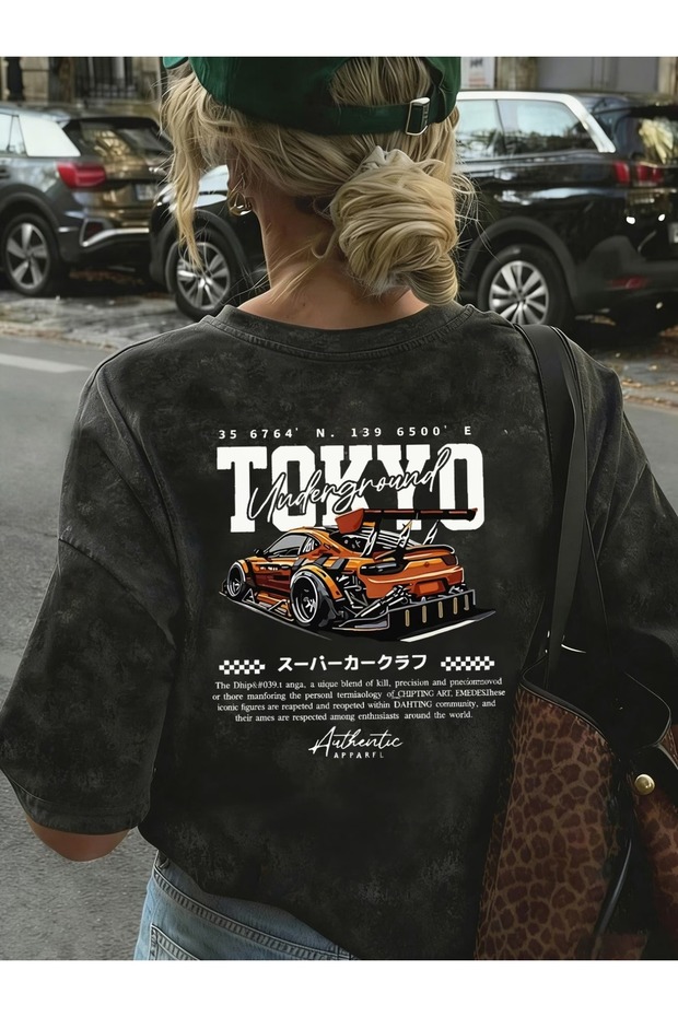 Unisex Tokyo Car Printed Black T-Shirt 100% Cotton Streetwear Oversize Graphic
