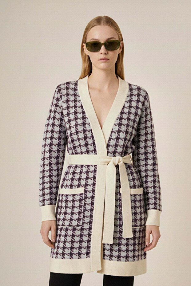 Women's Houndstooth Patterned Knitwear Cardigan Purple 25250