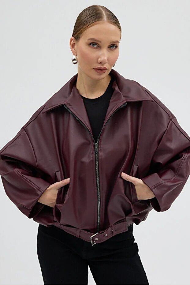 Women's Oversize Faux Leather Bomber Jacket