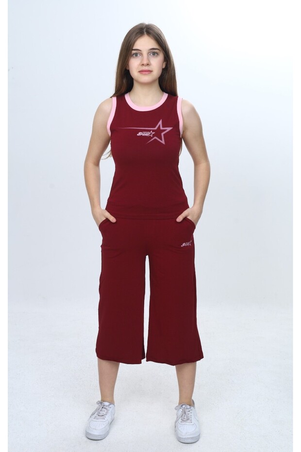 Girl's 2-Piece Set Crew Neck Printed Undershirt & Elastic Waist Wide Leg Printed Capri Pants 2499