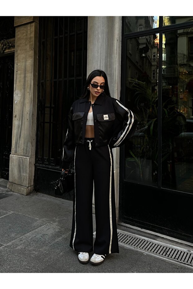 Imported Fabric Striped Fabric Matchli Label Detailed Jacket and Pants Set Premium