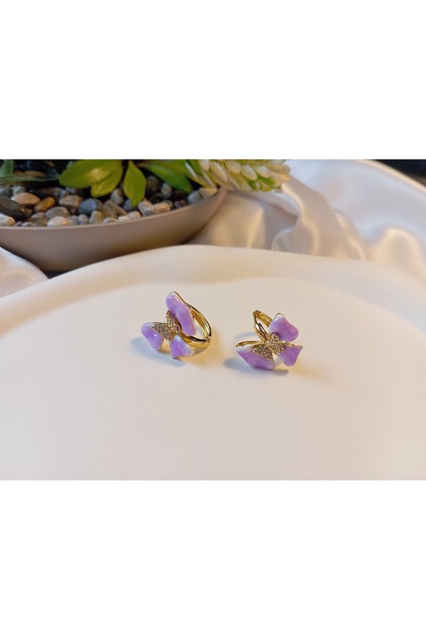 Xuping Gold Luxury Plated Purple Enamel Butterfly Hoop Earrings - 1.5 cm (with Zircon Stone Detail)