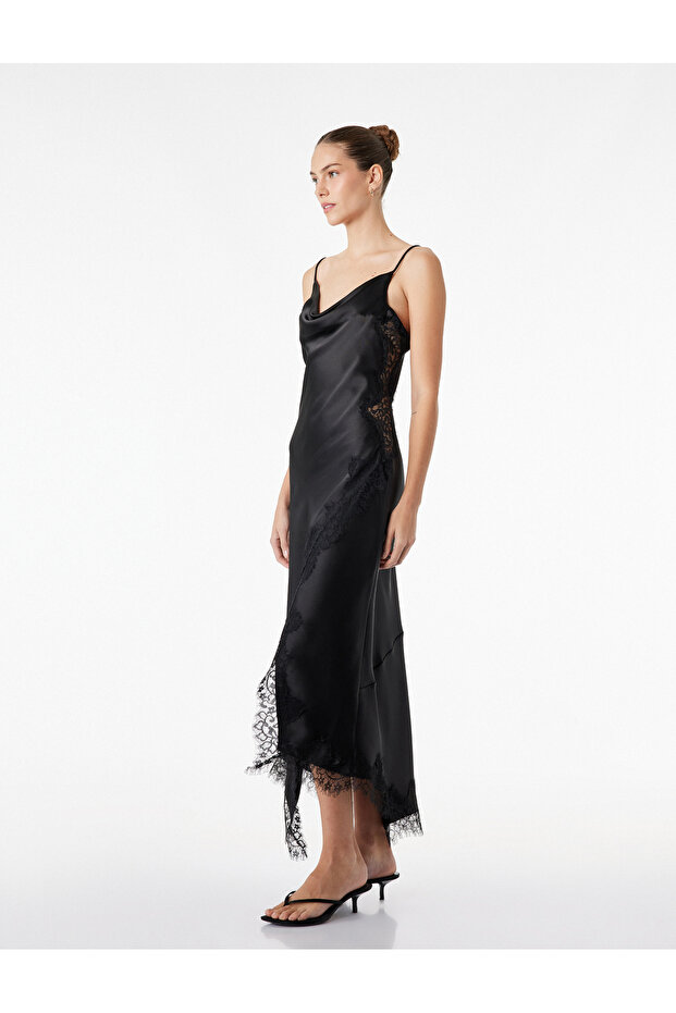 Asymmetrical Cut, Rope Straps, Lace Detail, Degaje Collar, Long Satin Dress