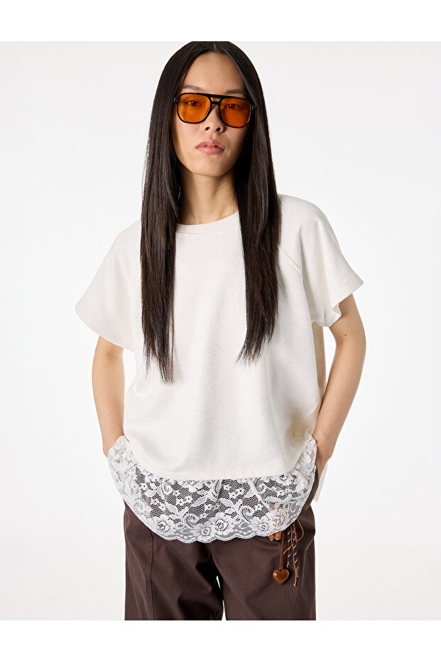 Short Sleeve Crew Neck Cotton Glitter Lace T-Shirt