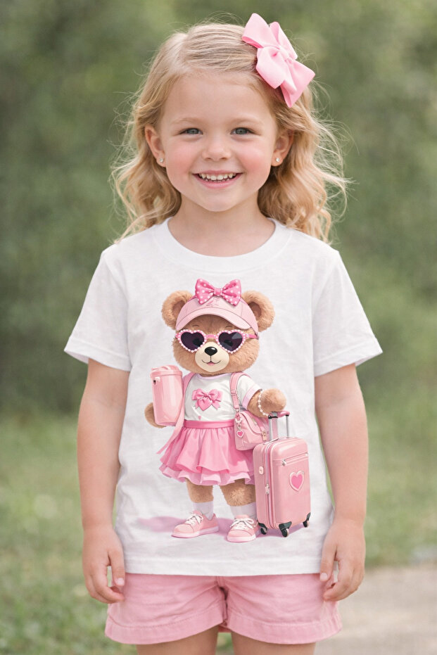 100% Cotton Children's T-Shirt with Sweet Suitcase and Teddy Bear Design