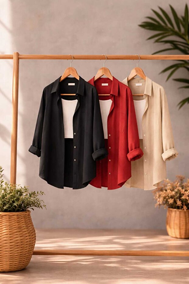 3-Pack Black, Burgundy, Beige Oversized Linen Textured 100% Cotton Single Pocket Loose Shirt